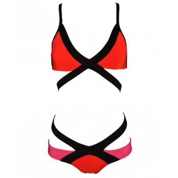 'Sara' rood & koraal  neon bandage bikini